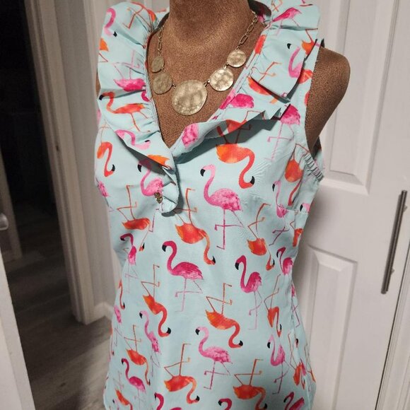 Mudpie Whitney Ruffle Collar Flamingo Print Tunic Blouse Sz XS - Picture 3 of 10